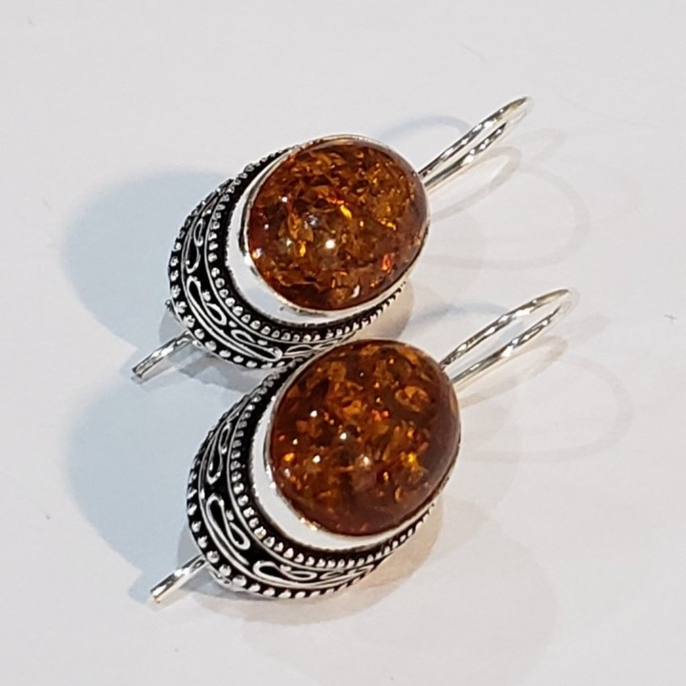 Hand Crafted Amber Brown Filigree Drop Earrings